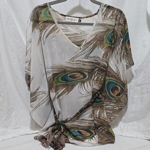 Veronica M White and Brown Feather Print Blouse